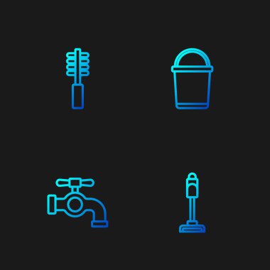 Elektrik süpürgesi, su musluğu, tuvalet fırçası ve kova ayarlayın. Renk simgeleri. Vektör