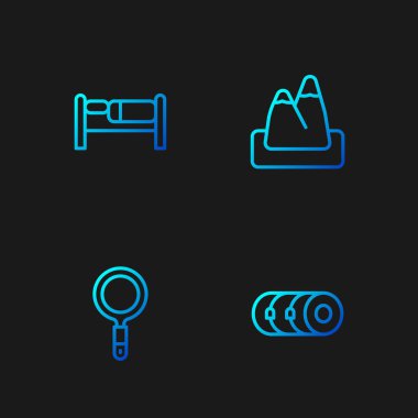 Battaniye rulosu, büyüteç, yatak ve dağlar. Renk simgeleri. Vektör