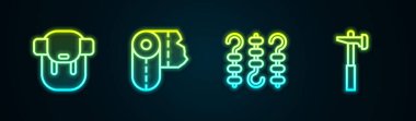 Sırt çantası, kağıt havlu rulosu, şiş kebap ve çekiçle ızgara şiş kebap. Parlayan neon ikonu. Vektör