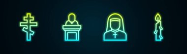 Hristiyan haçı, kilise papazı vaazı, rahibe ve yanan mum. Parlayan neon ikonu. Vektör