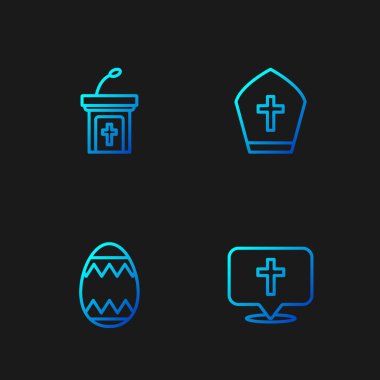 Sabit hat kilise binası, Paskalya yumurtası, kilise vaazı tribünü ve Papa şapkası. Renk simgeleri. Vektör