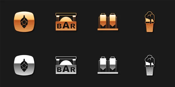 Set Hopfen Straßenschild Mit Bar Bierbrauverfahren Und Glas Bier Symbol — Stockvektor