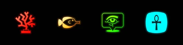 Set Coral Butterfly Fish Eye Horus Cross Ankh Icon Vector — 스톡 벡터
