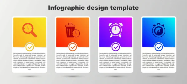 Set Lupa Con Reloj Pérdida Tiempo Alarma Cronómetro Plantilla Infografía — Vector de stock