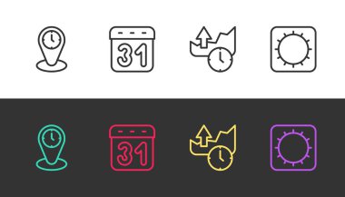 Zaman dilimi saatlerini, takvimi, borsa büyüme grafiklerini ve Güneş 'i siyah beyaz olarak ayarla. Vektör