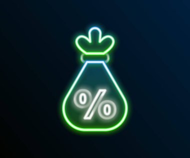 Siyah arka planda yüzde ikon izole edilmiş parlak neon hattı Para çantası. Nakit bankacılık tabelası. Renkli taslak konsepti. Vektör