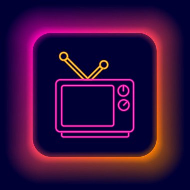 Parlayan neon hattı Retro TV simgesi siyah arkaplanda izole edildi. Televizyon tabelası. Renkli taslak konsepti. Vektör