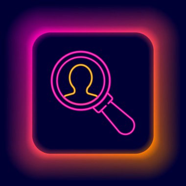 Siyah arkaplanda izole edilmiş bir insan simgesini aramak için parlayan neon çizgi büyüteç. İşe alım ya da seçim konsepti. Çalışanları ve işi ara. Renkli taslak konsepti. Vektör