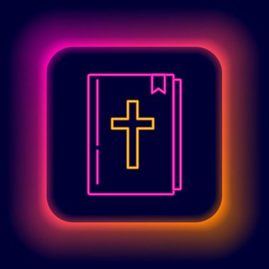 Parlayan neon hattı kutsal kitap ikonu siyah arka planda izole edildi. Renkli taslak konsepti. Vektör