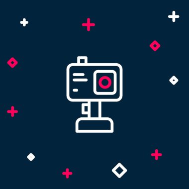 Sıra Eylemi ekstrem kamera simgesi mavi arkaplanda izole edildi. Ekstrem sporları çekmek için video kamera ekipmanı. Renkli taslak konsepti. Vektör