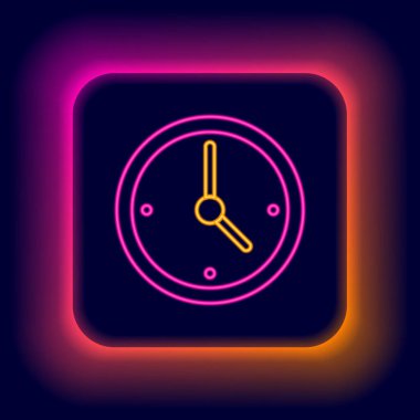 Parlayan neon çizgi saat simgesi siyah arkaplanda izole edildi. Zaman sembolü. Renkli taslak konsepti. Vektör