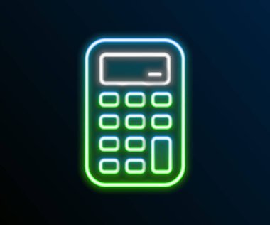Parlayan neon hattı hesap makinesi simgesi siyah arkaplanda izole edildi. Muhasebe sembolü. İş hesaplamaları matematik eğitimi ve finans. Renkli taslak konsepti. Vektör