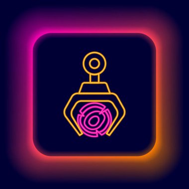 Parlayan neon hattı Grapple vinç siyah arkaplanda izole edilmiş bir kütük simgesi yakaladı. Orman endüstrisi. Kereste gövdesi ahşap üretimi için endüstriyel vinç. Renkli taslak konsepti. Vektör