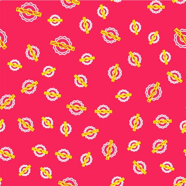 Çelik dişli disk simgesiyle elektrikli elektrikli testere kırmızı arka planda izole edilmiş. Tahta ya da metal kesmek için elektrikli el aleti. Vektör