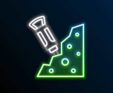 Parlayan neon hattı inşaat matkabı ve taş ikonu siyah arka planda izole edildi. Renkli taslak konsepti. Vektör