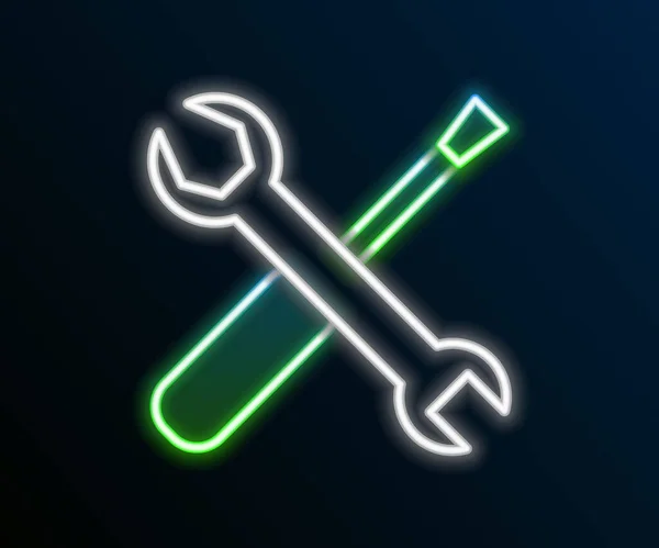 Glowing Neon Line Screwdriver Wrench Spanner Tools Icon Isolated Black — Stock Vector
