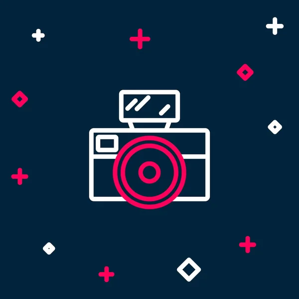 Лінія Фотокамера Піктограмою Спалаху Освітлення Ізольована Синьому Фоні Фотоапарат Цифрова — стоковий вектор