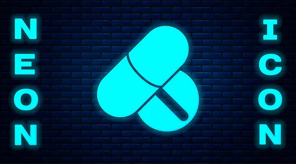 Glödande Neon Medicin Piller Eller Tablett Ikon Isolerad Tegel Vägg — Stock vektor