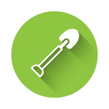 Beyaz Kürek simgesi uzun gölge arkaplanı ile izole edildi. Bahçe aletleri. Bahçecilik, tarım, çiftçilik aleti. Yeşil daire düğmesi. Vektör