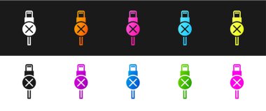 Siyah ve beyaz arkaplanda izole edilmiş usb kablo ikonu yok. PC ve mobil cihazlar için bağlantı ve soketler. Vektör