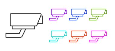 Siyah çizgi güvenlik kamerası simgesi beyaz arkaplanda izole edildi. Simgeleri renklendirin. Vektör.