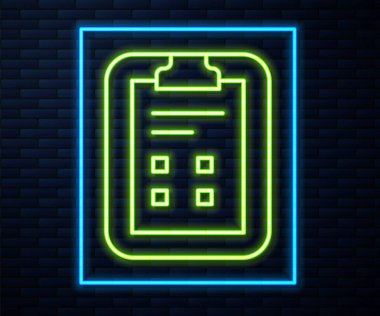 Parlak neon çizgisi sınav kağıdında tuğla duvar arkasında işaret simgesi izole edilmiş. Sınav kağıdı, sınav ya da araştırma konsepti. Sınav ya da sınav. Vektör.