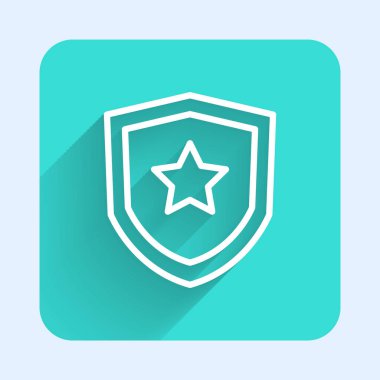 Beyaz çizgi polis rozeti ikonu uzun gölge arkaplan izole. Şerif rozeti. Yeşil kare düğmesi. Vektör