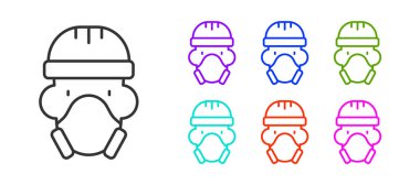 Beyaz arka planda izole edilmiş koruyucu giysi ikonu giyen siyah çizgi Nükleer Santral çalışanı. Nükleer reaktör işçisi. Simgeleri renklendirin. Vektör