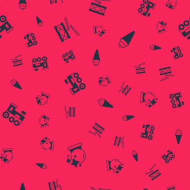 Sihirli top, bagetli davul, oyuncak tren ve kusursuz desenli dondurma külahı. Vektör