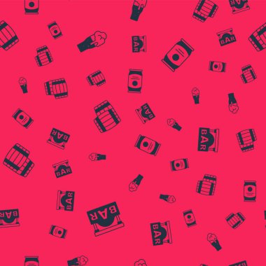 Bar, bir bardak bira, tahta fıçı ve biranın olduğu tabelaları kusursuz bir kalıba dök. Vektör