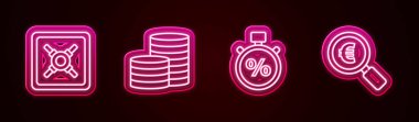 Hat güvenli, madeni para, Kronometre ve yüzde ve büyüteç euro. Parlayan neon ikonu. Vektör