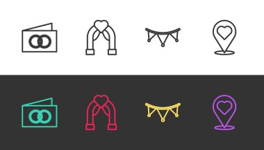 Çizgi çizgisi tebrik kartı, düğün kemeri, bayraklı karnaval çelengi ve siyah beyaz kalp. Vektör