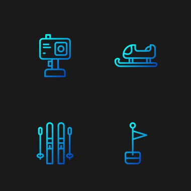 Çizgi belirleme işareti, kayak ve sopalar, aksiyon kamerası ve kızak. Renk simgeleri. Vektör