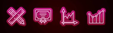 Çizgiyi çapraz cetvel ve kalem, sertifika şablonu, grafik, çizelge ve diyagram olarak ayarla. Parlayan neon ikonu. Vektör