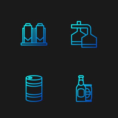 Çizgi bira şişesi, bira kutusu, metal fıçı, demleme süreci ve... Renk simgeleri. Vektör