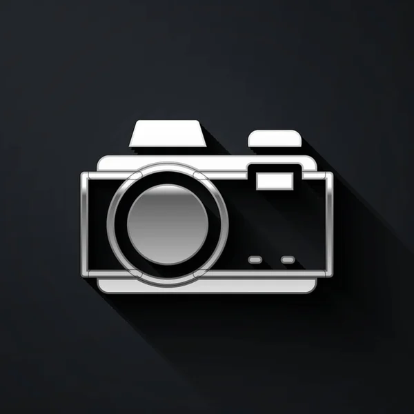 Stříbrná Ikona Fotoaparátu Izolované Černém Pozadí Fotoaparát Digitální Fotografie Dlouhý — Stockový vektor