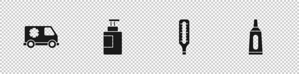 緊急車 ハンドサニタイザーボトル 医療用温度計 軟膏クリームチューブ医学アイコンを設定します ベクトル — ストックベクタ