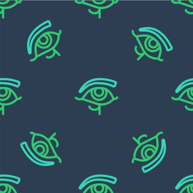 Horus 'un Çizgi Gözü simgesi mavi arkaplandaki kusursuz deseni izole etti. Eski Mısır tanrıçası Wedjet korunma, kraliyet gücü ve sağlığın sembolü. Vektör