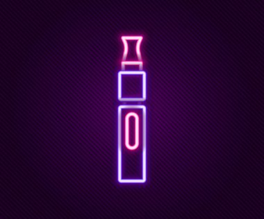 Parlayan neon hattı Elektronik sigara ikonu siyah arkaplanda izole edildi. Tüttürme aleti. Buharlaştırıcı Cihaz. Renkli taslak konsepti. Vektör