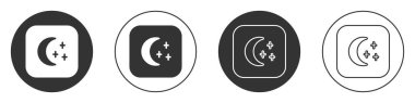 Siyah Ay ve yıldız simgesi beyaz arkaplanda izole edildi. Bulutlu gece işareti. Uyku rüyalarının sembolü. Dolunay. Gece ya da yatak zamanı tabelası. Çember düğmesi. Vektör