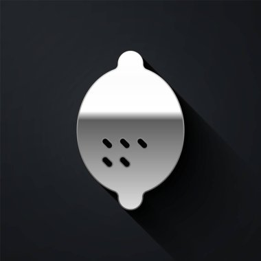 Gümüş Limon simgesi siyah arkaplanda izole edildi. Uzun gölge tarzı. Vektör