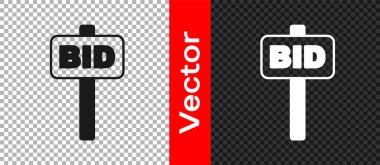 Kara El müzayede raketi simgesi şeffaf arkaplanda izole edildi. Teklif konsepti. Açık arttırma yarışması. BID yazıtları olan el kaldırma işaretleri. Vektör