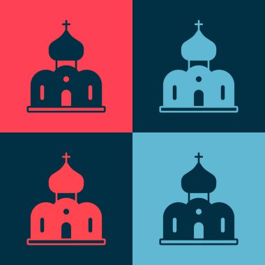 Pop Art Church binası ikonu renk arkaplanında izole edilmiş. Hıristiyan Kilisesi. Kilisenin dini. Vektör