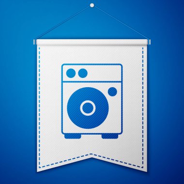 Mavi Gitar yükseltici simgesi mavi arkaplanda izole edildi. Müzik aleti. Beyaz flama şablonu. Vektör