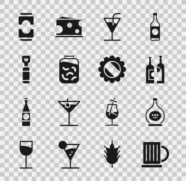 Tahta bira bardağı, bir şişe konyak ya da brendi, şişe şarabı, kokteyl, salatalık turşusu kavanozu, açacağı, bira kutusu ve kapak ikonu. Vektör