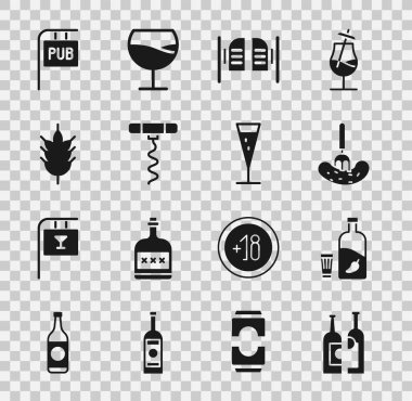 Şarap şişeleri, biberli votka, çatallı salatalık turşusu, salon kapısı, şarap tirbuşonu, Hop, sokak tabelası ve şampanya ikonu. Vektör