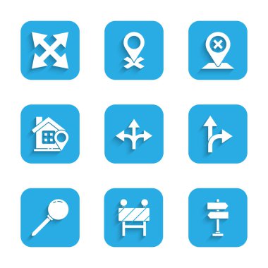 Trafik işaretini, bariyeri, pimi, evi ve simgeyi ayarla. Vektör