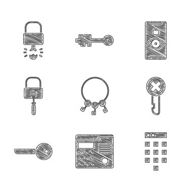 Bir sürü anahtar, ev içi iletişim sistemi, şifre koruması, yanlış, anahtar, kilit açma için kilit açma, göz taraması ve asma kilit simgesini kırma ayarları. Vektör