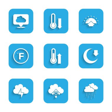 Meteoroloji termometresini, karlı bulutu, yağmuru, ayı, fırtınayı, Fahrenheit 'i, gün doğumunu ve konum bulut simgesini ayarla. Vektör