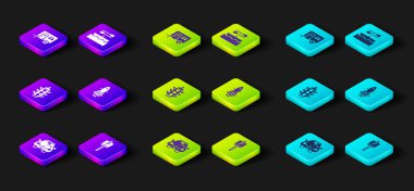 Araba, park yeri, trafik ışığı, ateşli roket gemisi, tekne kürekleri ve karavan kamp ikonu. Vektör